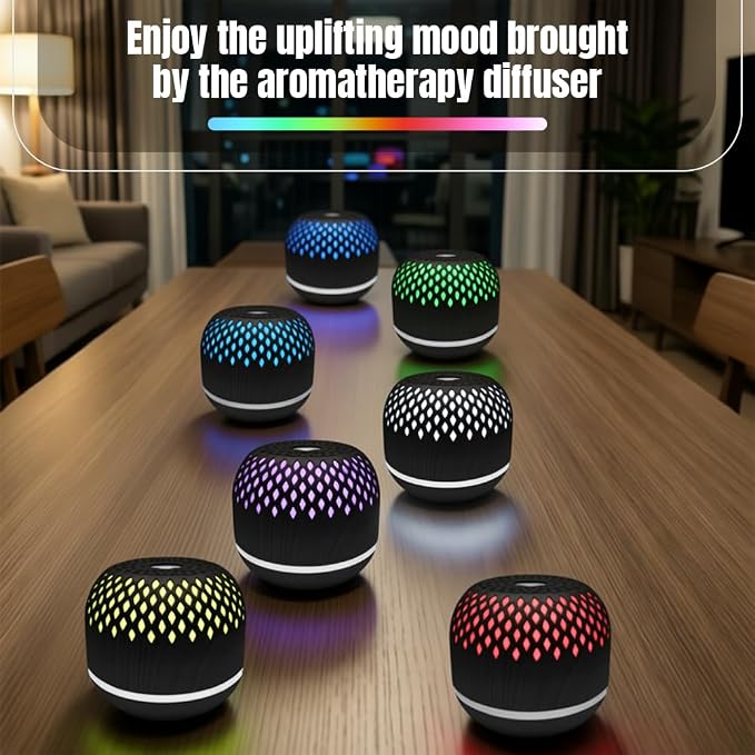Essential Oil Diffuser 300ml for Home Bedroom, Aromatherapy Oil Diffuser with 3H 6H Timer, 7 Color Light, USB Type-C, Hollow Design, Auto Shut-Off(Dark Woodgrain, Openwork)