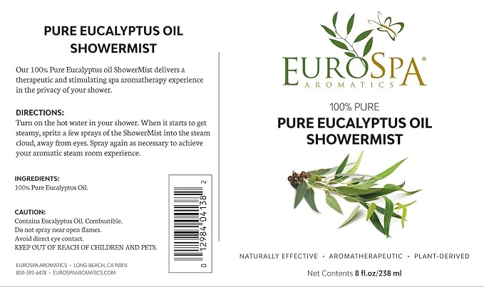 EuroSpa Aromatics Pure Eucalyptus Oil ShowerMist and Steam Room Spray, All-Natural Premium Aromatherapy Essential Oils - Pure Eucalyptus, 8oz