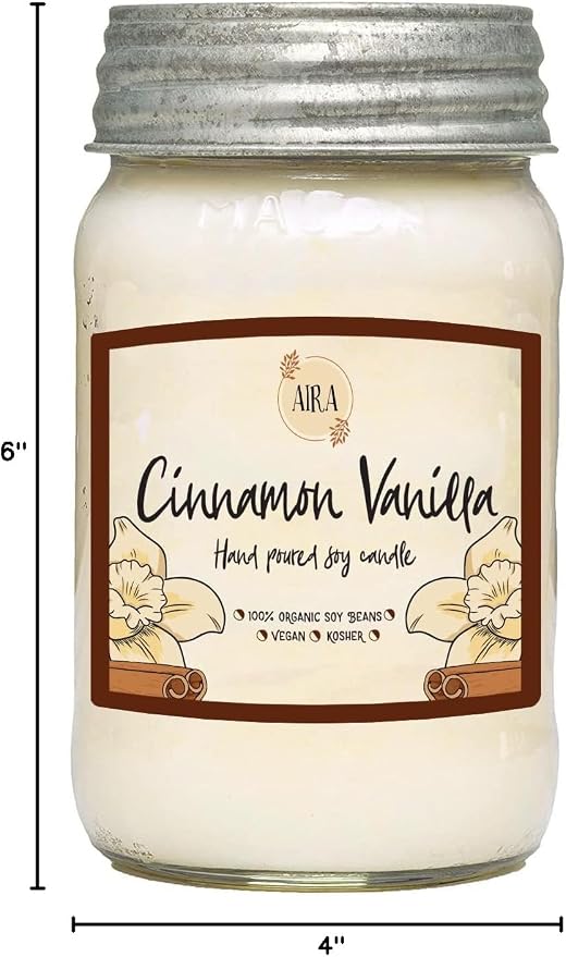 Aira Soy Candles - Organic, Kosher, Vegan, in Mason Jar w/Therapeutic Grade Essential Oil Blends - Hand-Poured 100% Soy Candle Wax - Paraffin Free, Burns 110+ Hours - Cinnamon Vanilla -16 Ounces