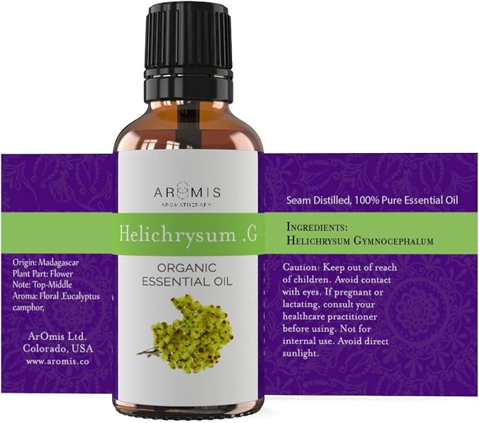 AROMIS Organic Helichrysum Essential Oil -Immortelle- Bulgarian - 100% Pure Therapeutic Grade 10mL (.34 Fl Oz), Undiluted, for Aromatherapy Diffuser