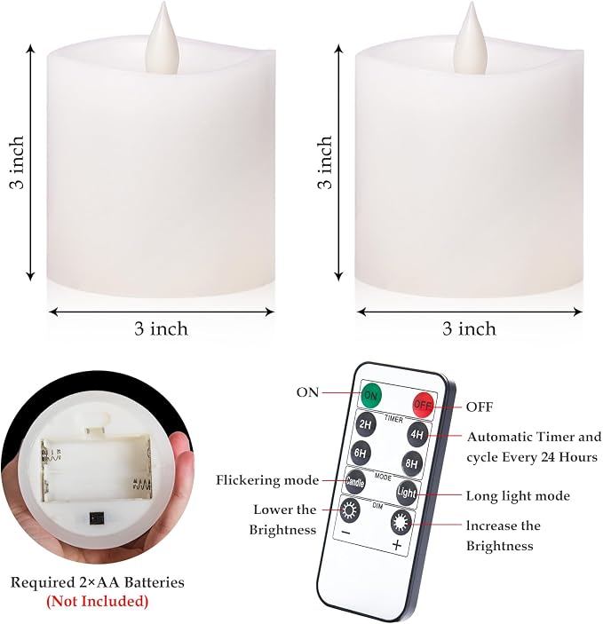 Flickering Flameless Candles Battery Operated with Remote Timer - Realistic 3D Moving Flame Candles, 600+ Hours Long-Lasting White LED Wax Candles for Wedding Home Decor, 3x3 Inch Set of 2