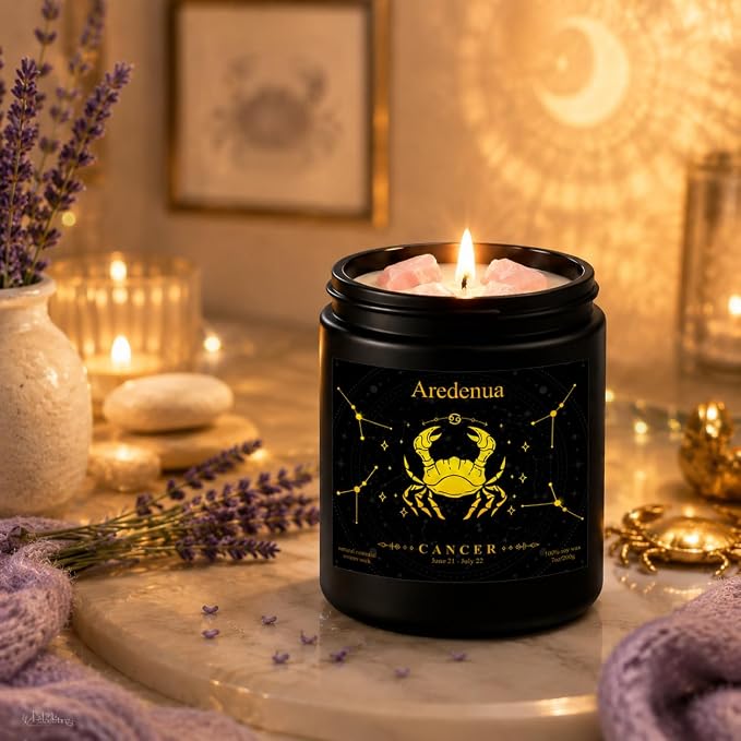 Cancer Birthday Gifts Candle | Zodiac Crystal Candles with Pink Opal Healing Crystals - Cashmere Lavender Scented Soy Candle, 7oz 50H Burn, Unique Spiritual Astrology Gifts for Women Men