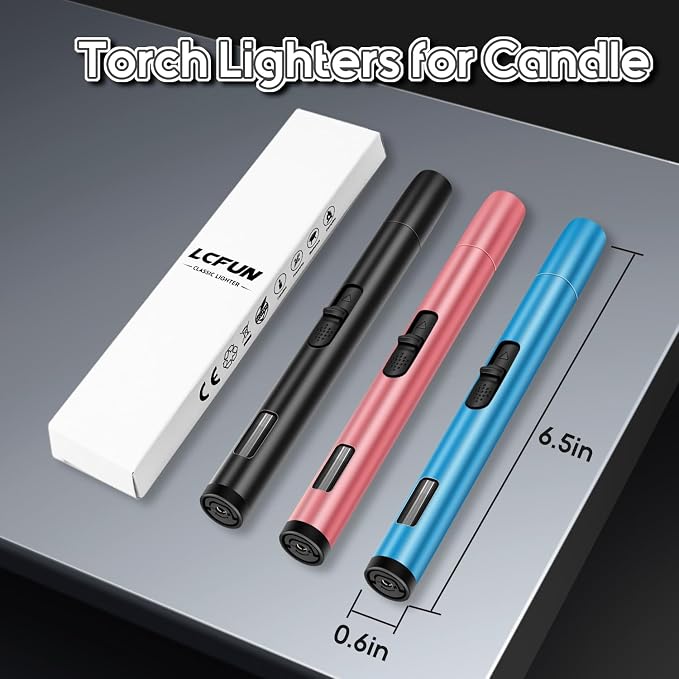 LcFun 2 Pack Torch Lighters Refillable Butane Lighter with Visible Fuel Window, Windproof Adjustable Jet Flame Long Lighters for Candle, Grill, BBQ, Camping, Fireworks (Butane NOT Included)