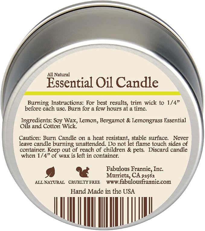 Fabulous Frannie All Natural Aromatherapy Soy Candle Travel tin Made with Pure Essential Oils 100 Hours Burn time 6oz (Lemon Bergamot)