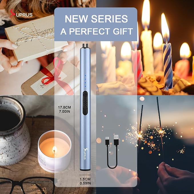 SUPRUS Electric Arc Windproof Flameless USB Rechargeable Lighter with Safety Lock for Candle (Blue)