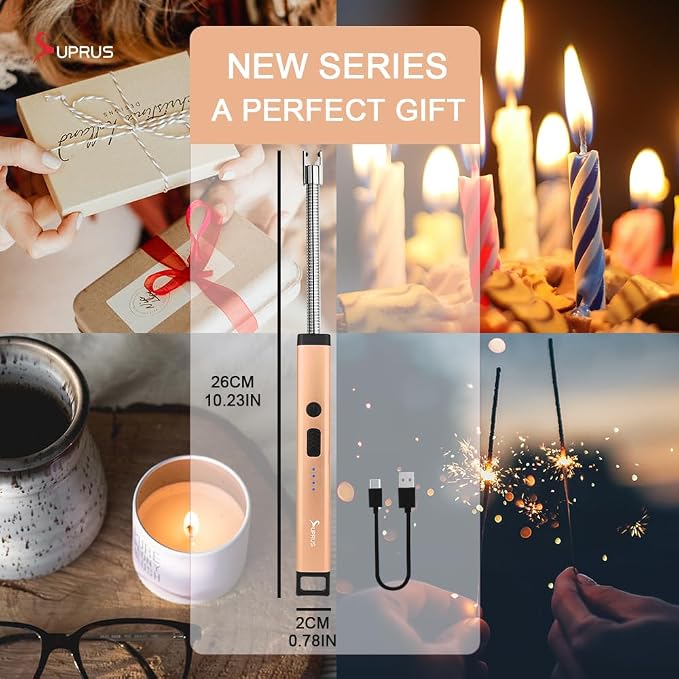 SUPRUS Rechargeable Candle Lighter Electric Arc Triple Safety Long Lighter Stainless Steel Shell & Hanging Hook (Peach Fuzz)