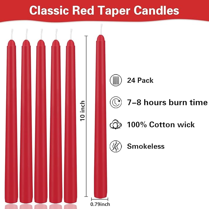 YOROXRG 24 Pack Red Taper Candles, 7-8 Hours Burn Time, Unscented, Smokeless and Dripless, 0.75 x 10 Inch Dinner Candle Set for Christmas,Household, Wedding, Party and Home Décor Candlesticks