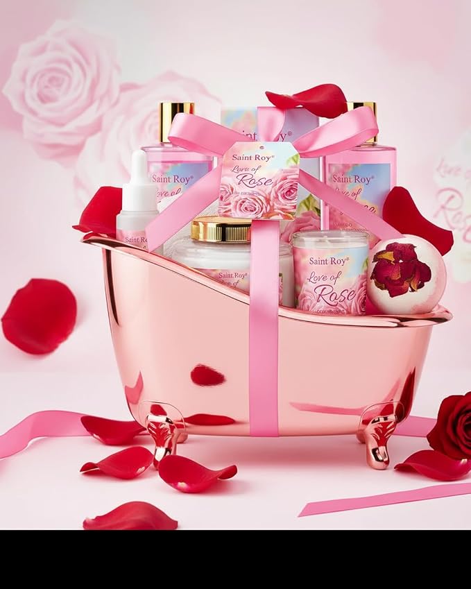 Spa Gifts Basket for Women, Rose Bath and Body Gift, Facial Skin Care Set, Self Care Pampering Kit, Bath Gift Set Spa Gift Set, Home Spa Self Care, Birthday, Mother Day, Bridal Shower