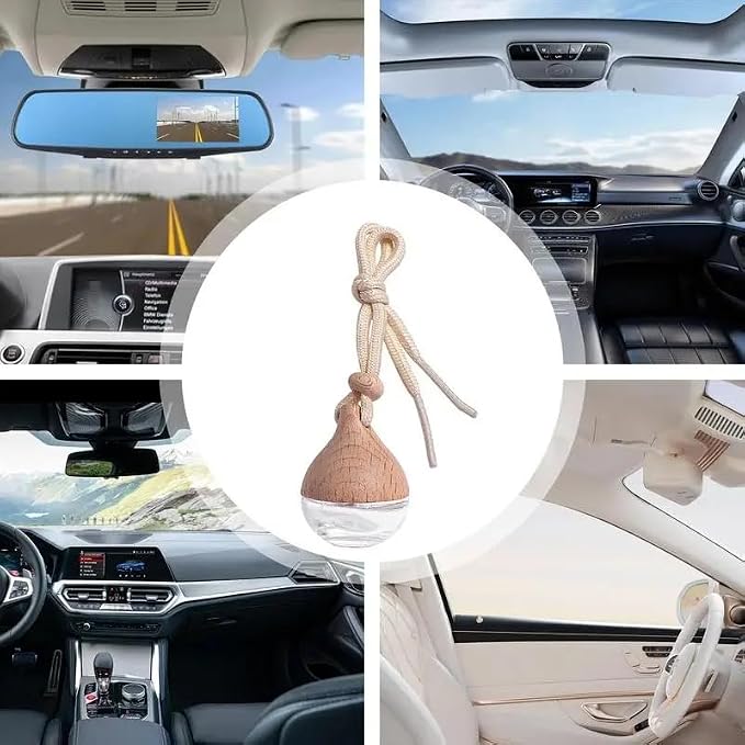 3 Pcs Hanging Car Air Freshener Diffuser Bottles – 6ml Refillable Essential Oil Aromatherapy Perfume Pendant, Clear Empty Glass with Wooden Cap & String for Vehicle Decoration, Closet Fragrance
