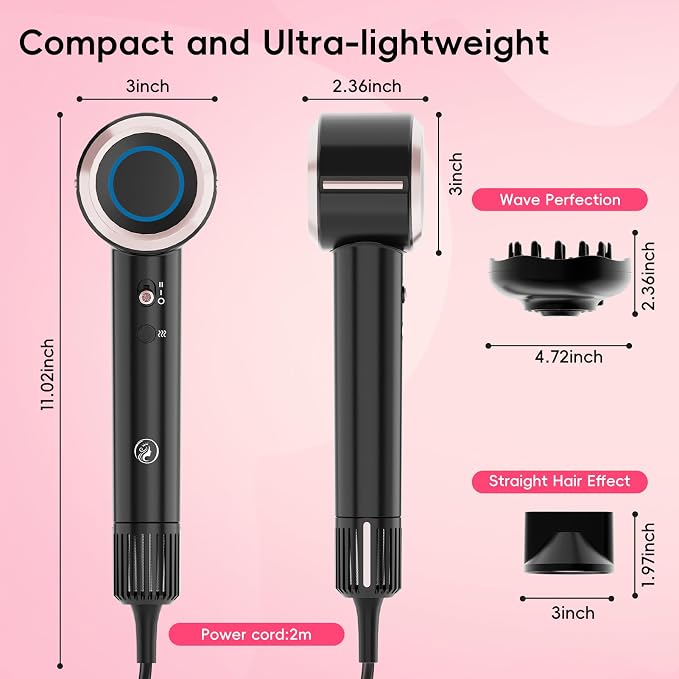 CINOSTAR Hair Dryer, Fast Drying Blow Dryer with Diffuser, with 110, 000RPM Brushless Motor&Ionic Technology No Heat Damage, Lightweight for Women and Travel, Low Noise, Black & Blush Rose