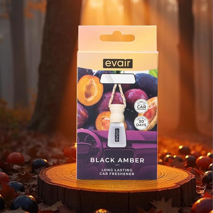 Evair Car Air Freshener | Hanging Air Freshener Car Diffuser | Long Lasting Scents made with Essential Oil | Alcohol Free (Black Amber)