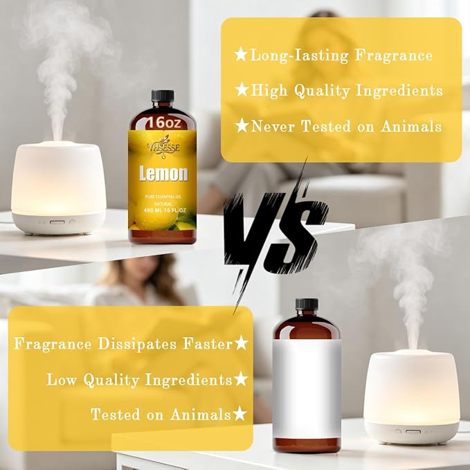 Lemon Essential Oil, Lemon Oil 16 Fl Oz 480ml for Diffuser Yoga Soap & Candle Making – with 0.33 Oz Roller Ball & Funnel YHSESSE Essential Oils