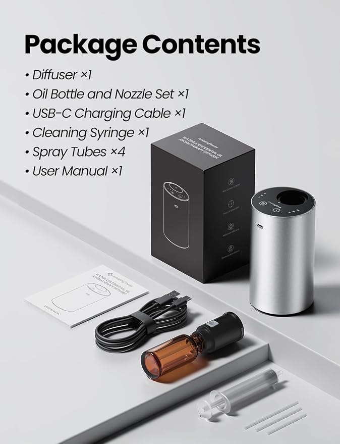 Waterless Essential Oil Diffuser, Rechargeable Scent Diffusers with 3 Mist Levels & Timers, Portable Aromatherapy Diffuser for Home Car Room Studio Office, Silver Metal