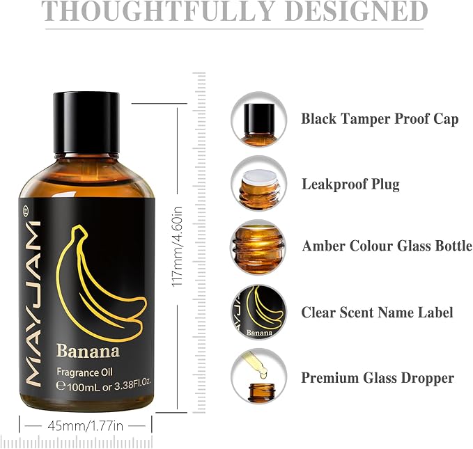 MAYJAM 100ML/3.38FL.OZ Banana Fragrance Oils with Glass Dropper, Essential Oils for Diffusers for Home, Long Lasting Scented Oils for Diffusers Soap Candle Making