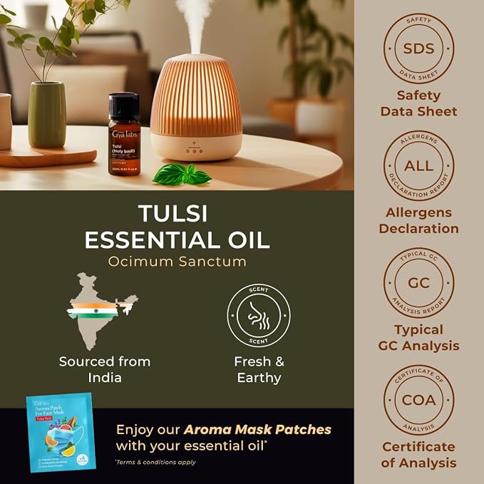 100% Pure Holy Basil (Tulsi) Essential Oil - 0.34 Fl Oz - Holy Basil (Tulsi) Oil for Hair, Skin, Diffuser, Aromatherapy & DIY Candle Making Scent