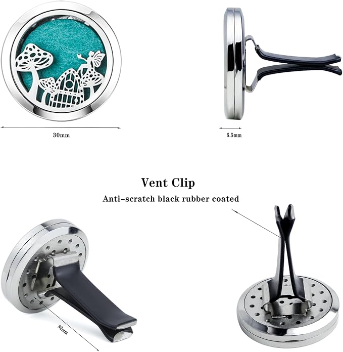 Mushroom Fun Eco Friendly Car Essential Oil Diffuser,30mm Vent Clip Aromatherapy Locket for Focus or Relaxation with 10 Pads