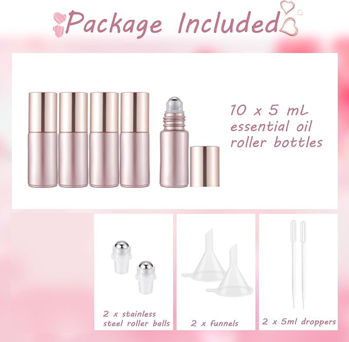10 Pack 5mL Empty Glass Roll On Bottles Rose Gold with Stainless Steel Ball Applicator for Essential Oils Perfume Refillable Leak Proof Travel Portable DIY Craft Eye Care Sample