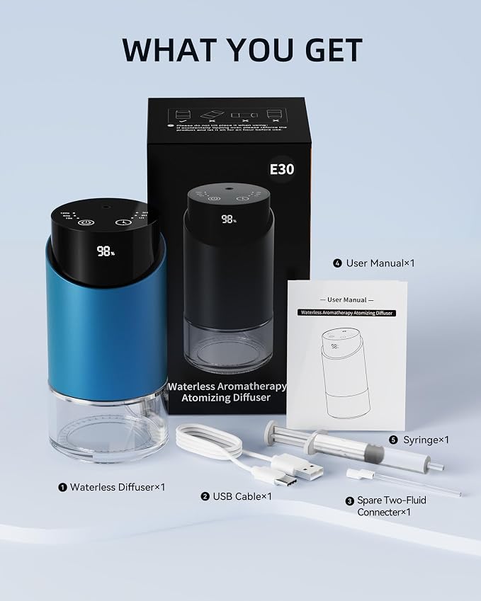 Waterless Essential Oil Diffuser Aromatherapy Scent Diffusers for Home Large Room, Car, Office, Desk, Mini Battery Operated Cordless Air Freshener, 4 Timers & 3 Mist Levels, 100ml Capacity (Blue)