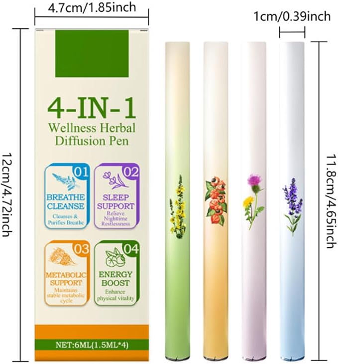 Mullein Herbal Diffuser Pen, Natural Aromatherapy Air Inhaler Stick with Mullein Thyme Mint, Four Aroma Variety Set,Air Freshening, Relaxed Feelings, Portable Pocket Size (4 Pack)