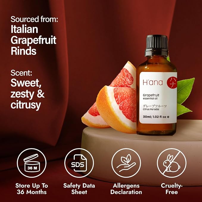 H'ana Grapefruit Oil - 1.02 Fl Oz Grapefruit Essential Oil for Hair, Skin, Diffuser, Aromatherapy & DIY