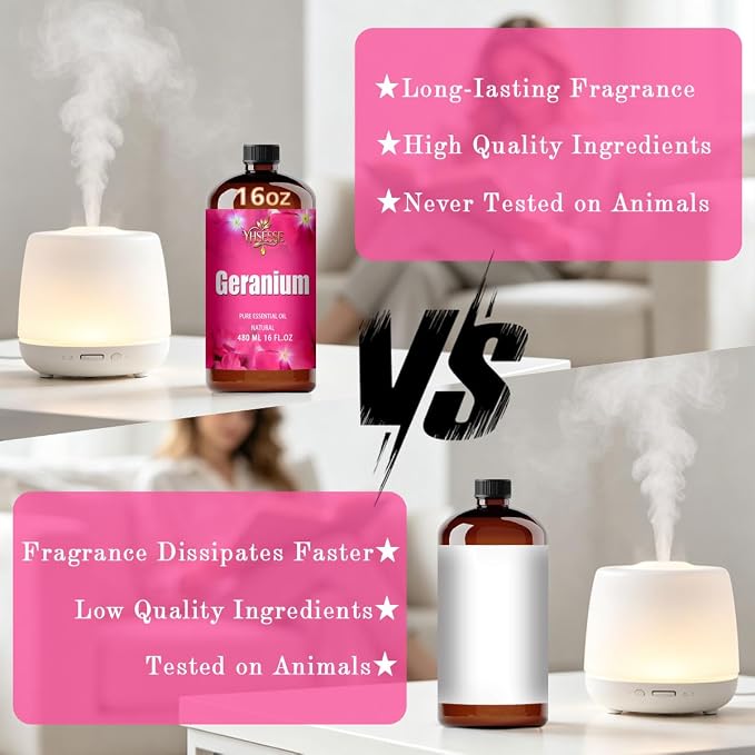 Geranium Essential Oil, Geranium Oil 16 Fl Oz 480ml for Diffuser Yoga Soap & Candle Making – with 0.33 Oz Roller Ball & Funnel YHSESSE Essential Oils