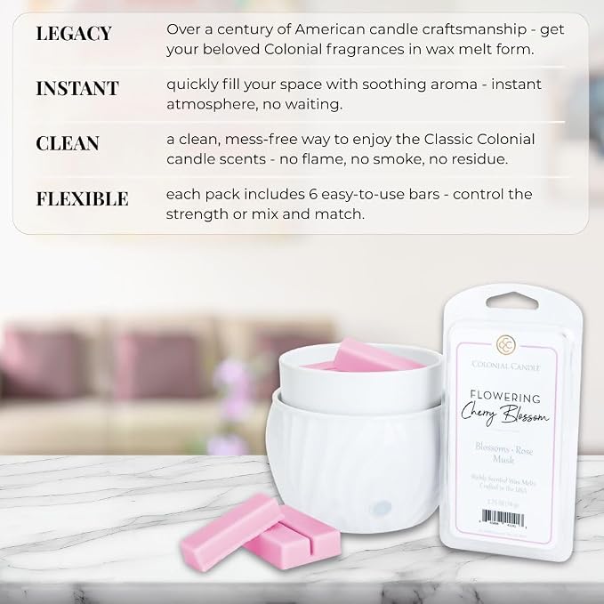 Colonial Candle Flowering Cherry Blossom Scented Wax Melts, Wax Melt Warmer Cubes, Long Lasting Scented Wax Warmer Cubes, 4 Pack, 6 Cubes Each - Made in The USA