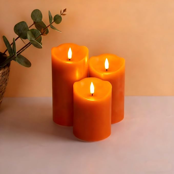Burnt Orange Flameless Pillar Candles with Remote, LED Wax Candles Flickering Table Centerpiece Decor Set of 3