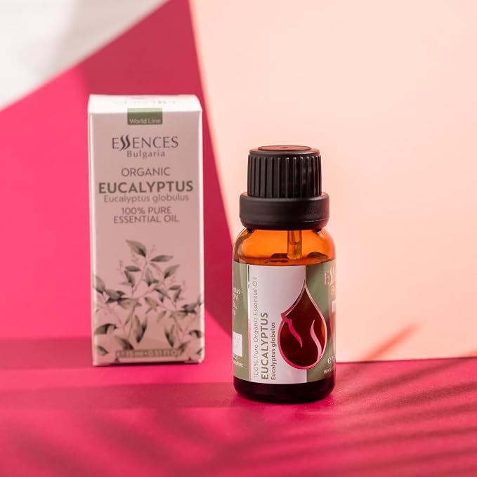 Essences Bulgaria Organic Eucalyptus Essential Oil 0.51 Fl Oz 15ml Eucalyptus globulus 100% Pure Natural Undiluted Therapeutic Grade for Aromatherapy Diffuser Humidifier Air Purifier Sauna Steam Room