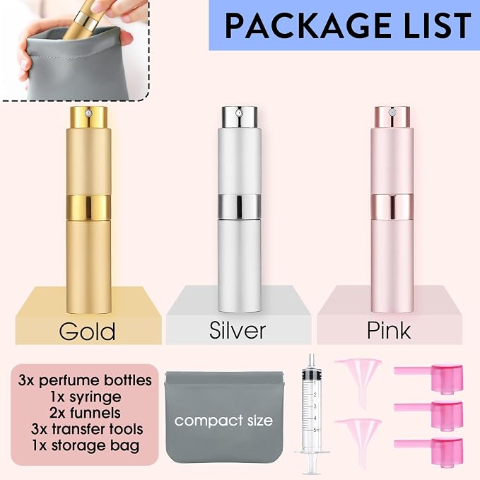 3 Pack 8ML Empty Atomizer Sprayer for Perfume Cologne Spray Bottle for Refill Portable Cologne Dispenser Mini Sprayer for Men Twist Tpye