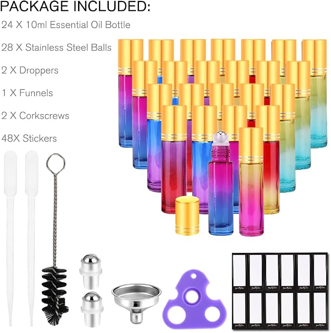 PrettyCare Set of 24, 10 ml Essential Oil Roller Bottles with Stainless Steel Roller Ball - Refillable Leak-proof Empty Thick Rainbow Glass Roll on Bottles with Metal Caps for Travel, Perfume