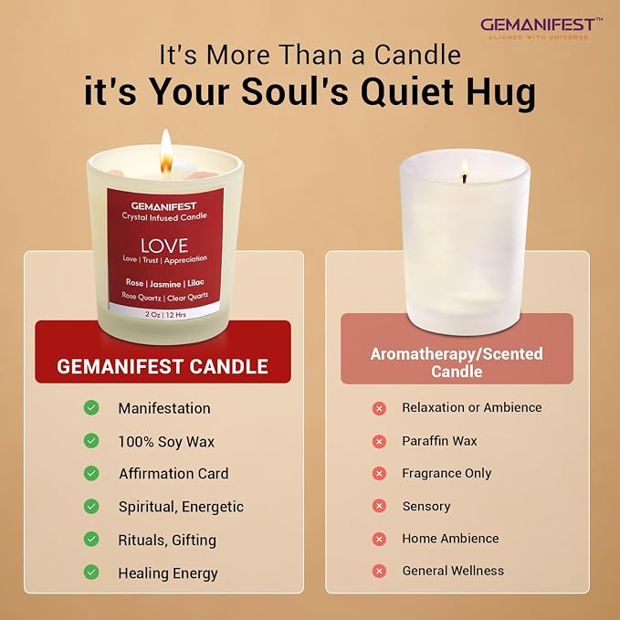Love Manifestation Crystal Candle, Love Relationships Rose Jasmine Lilac Scented, Soy Candle, Valentine's Gift for Her/Him, Women's Wellness