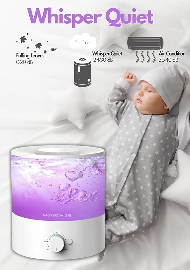 MegaWise Cool Mist Humidifiers for Babies, Bedroom, Nursery, Home and Office | Super Quiet Ultrasonic Vaporizer, Large Top-Refill 1.5L, Essential Oil Diffuser, Auto Off, Easy Clean (2 Pack)
