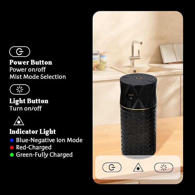 Car Diffuser Humidifier, USB Wireless Cool Mist Aromatherapy Diffuser, Mini Portable Essential Oil Air Freshener with 35 Million Negative Ion, Night Light&Auto Shut-Off (Black)