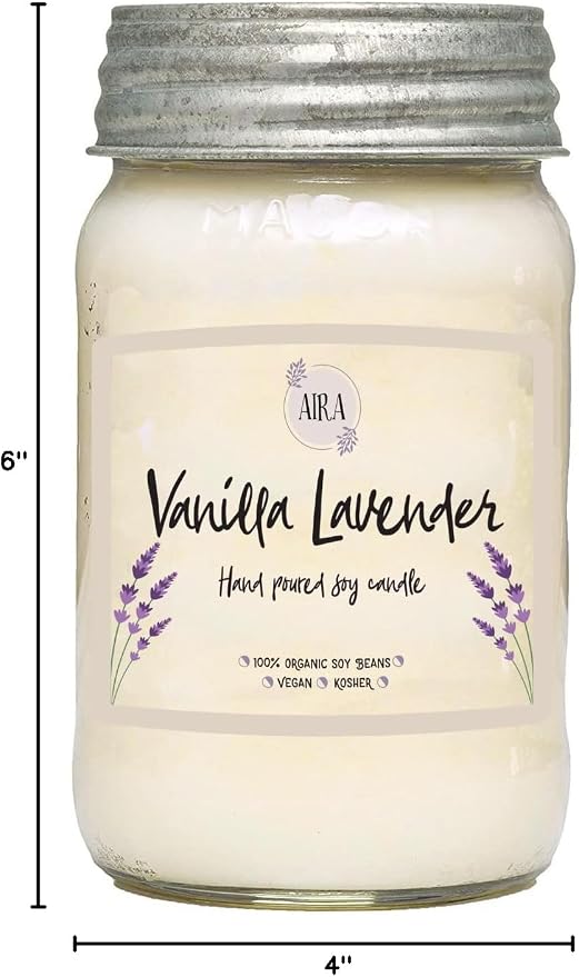 Aira Soy Candles - Organic, Kosher, Vegan, in Mason Jar w/Therapeutic Grade Essential Oil Blends - Hand-Poured 100% Soy Candle Wax - Paraffin Free, Burns 110+ Hours -Vanilla Lavender Scent -16 Ounces