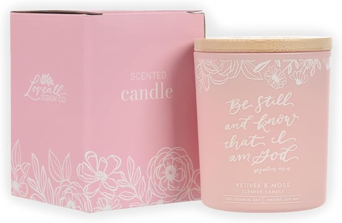 Christian Art Gifts Soy Wax Scented Candle: Be Still & Know Bible Verse, Vetiver & Moss Scent, Pure Essential Oils, 4.5 oz, Up to 20 Hours Burn Time, Glass Jar w/Bamboo Lid, Women's Encouragement Gift