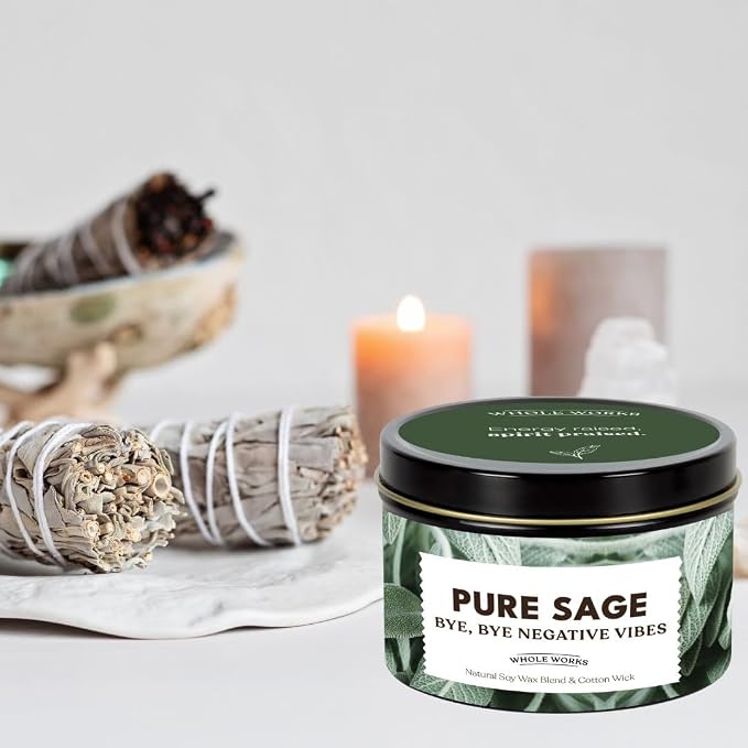 Premium Sage Candle for Cleansing – Natural Soy Wax, Cotton Wick, Paraben and Phthalate Free Scent, Non Toxic, Clean Scented Candles for New Home, Smudging, House Negative Energy Protection, 6oz