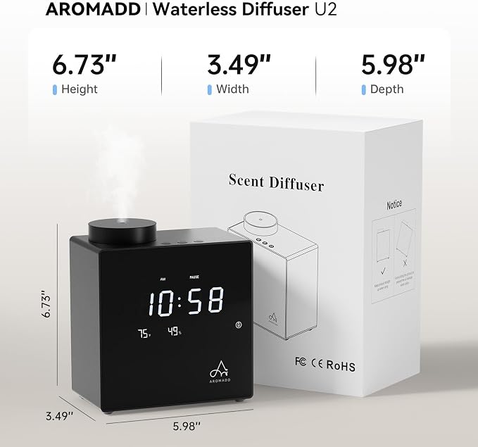 2026 Smart Waterless Diffuser, 2000 Sq.Ft Cold Air Scent Diffuser with Clock & Environmental Display | 7 Fragrance Levels, 9 Timer Settings, Hotel Collection Diffuser for Home & Large Rooms (Black)