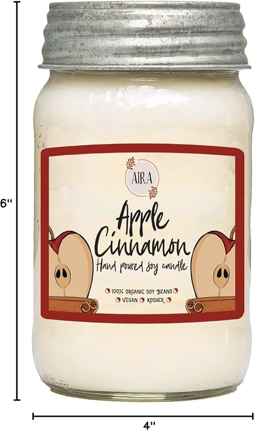 Aira Soy Candles - Organic, Kosher, Vegan, in Mason Jar w/Therapeutic Grade Essential Oil Blends - Hand-Poured 100% Soy Candle Wax - Paraffin Free, Burns 110+ Hours - Apple Cinnamon -16 Ounces