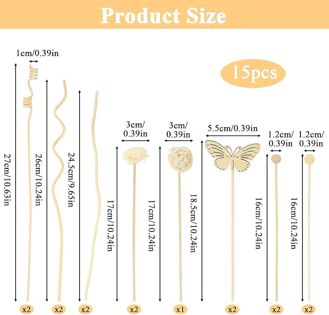 Amabro 15Pcs Natural Rattan Reed Diffuser Sticks Fragrance Oil Diffuser Flower Set Wood Beads Butterfly Replacement for Home Office Aromatherapy Decor