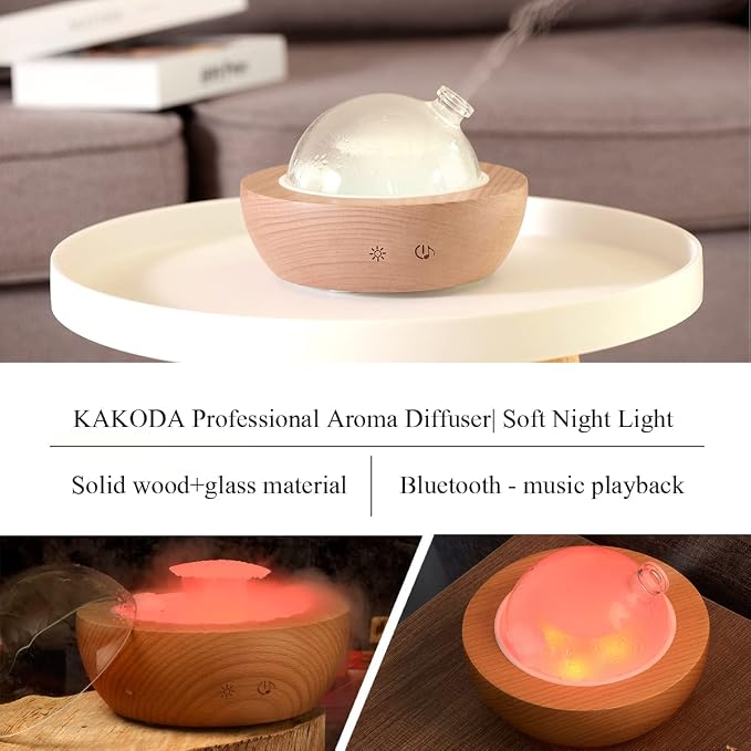 Glass Essential Oil Diffuser,Real Wood Base,Bluetooth Speaker,2025 Upgrade Aromatherapy Diffuser,Aroma Diffuse with Music Player,LED Light in 7 Colors,Home Office Bedroom(Non-Glass Reservoir)