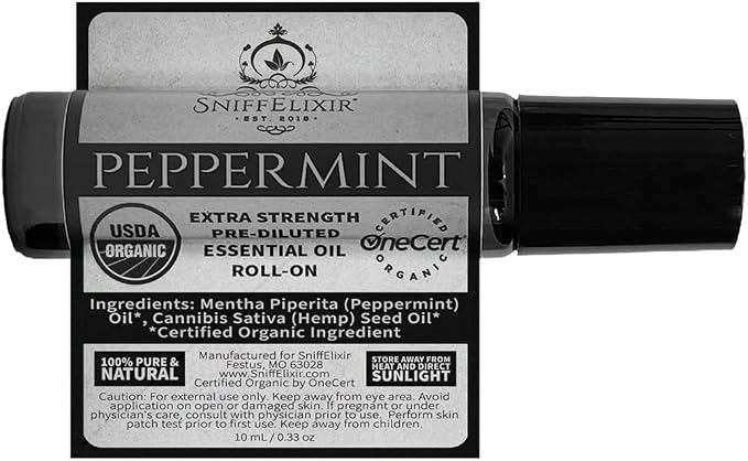 Peppermint Essential Oil Roll-On (10ml) – USDA Organic Topical Aromatherapy with Hemp Seed Oil for Headache Relief & Cooling Comfort – SniffElixir
