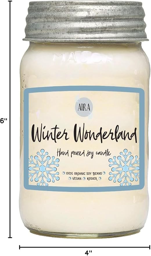 Aira Soy Candles - Organic, Kosher, Vegan, in Mason Jar w/Therapeutic Grade Essential Oil Blends - Hand-Poured 100% Soy Candle Wax - Paraffin Free, Burns 110+ Hours - Winter Wonderland - 16 Ounces