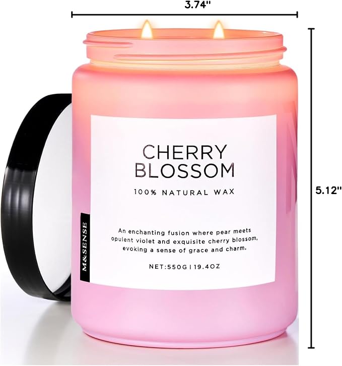 M&SENSE Large Cherry Blossom Scented Candle, 19.4oz Natural Soy Wax, 110-Hour Long Lasting, Non-Toxic Clean Burn, Spring Floral Scent for Relaxation, Home Fragrance Stress Relief Gift for Her