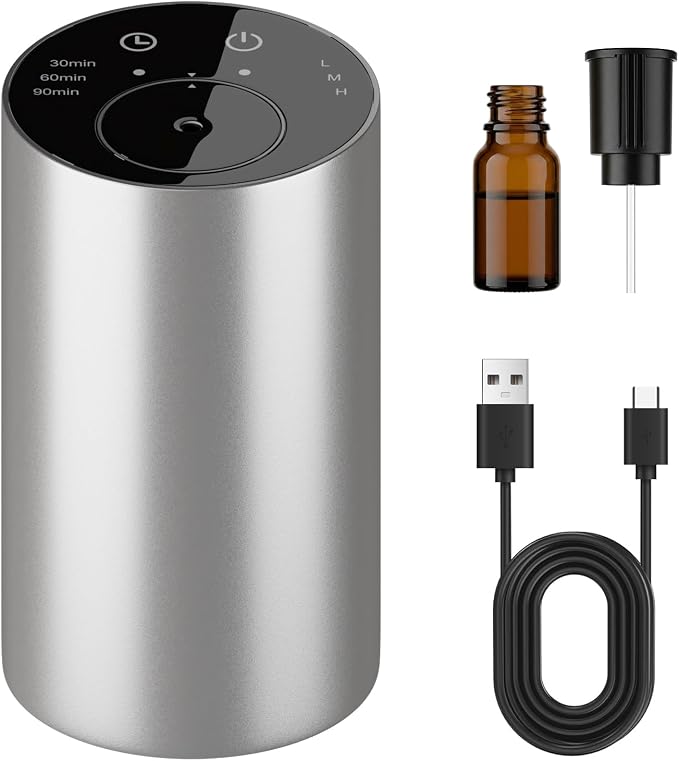 Homease Waterless Essential Oil Diffuser, Portable Cordless Aromatherapy with 3 Timers & Mist Levels, Rechargeable for Home Car Office, Premium Metal Silver