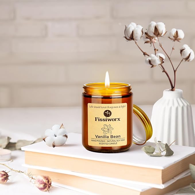 Fissiworx Vanilla Scented Candle Set 2 Pack, Candle for Home Scented, Odor Eliminating, Stress Relief, 15oz, 110 Hours Long Lasting Candles, Soy Candle Gift Set for Women