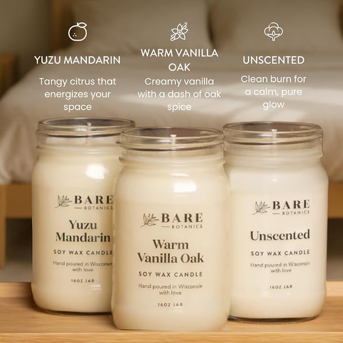 Bare Botanics Yuzu Mandarin Scented Soy Candle - Premium Candle in 16 oz Mason Jar - 100% Natural Soy Wax & Plant-Based Fragrance Oils, Softly-Scented - Handpoured in WI - 85 Hrs Long Burning
