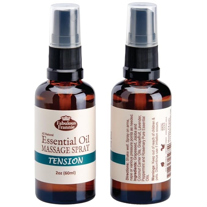 Fabulous Frannie Tension Massage Spray All Natural Carrier Oils and Pure Essential Oils Grapefruit, Lavender, Peppermint and Rosemary 2oz