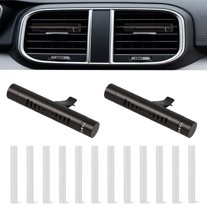 2 Pcs Car Air Essential Oil Diffuser Vent Clip with 12 Pcs Odorless Refill Sticks, Premium Aluminum Air Freshener Diffuser Suitable for Cars, Office, Kitchen (Black, 2 Pcs)