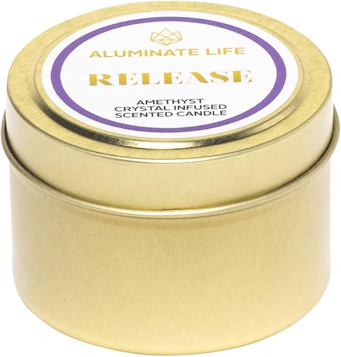Luxury Candle Tin, 4 OZ, Release, Amethyst Crystal Infused - Scents of Lavender, Bergamot, & Frankincense - Valentine's Day Gift - Coconut Wax, Essential Oils, Dr. Developed