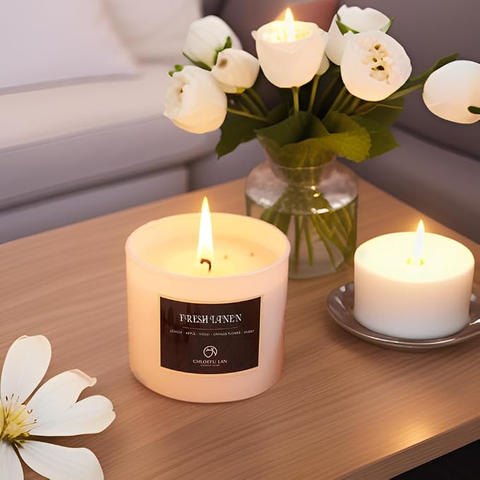 Fresh Linen Candles Laundry Candles Non-Toxic Air Freshening Scented Candle Decorative Pet Odor Eliminator for Home Luxury Scented Soy Jar Candle for Bathroom Decor 7.1 oz 2 Pack